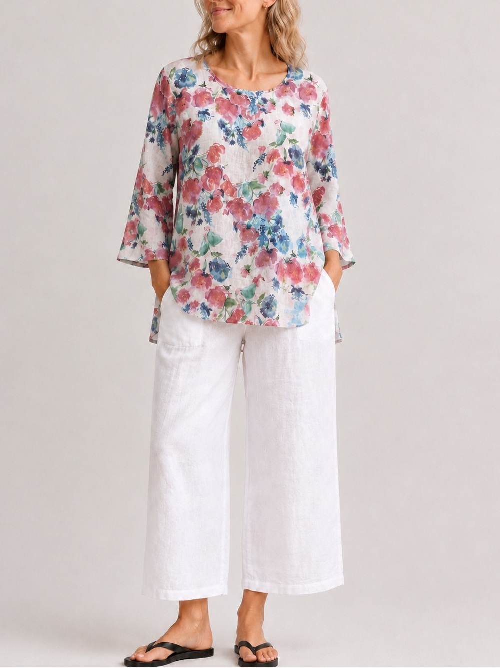 Cut loose linen watercolor floral tunic top